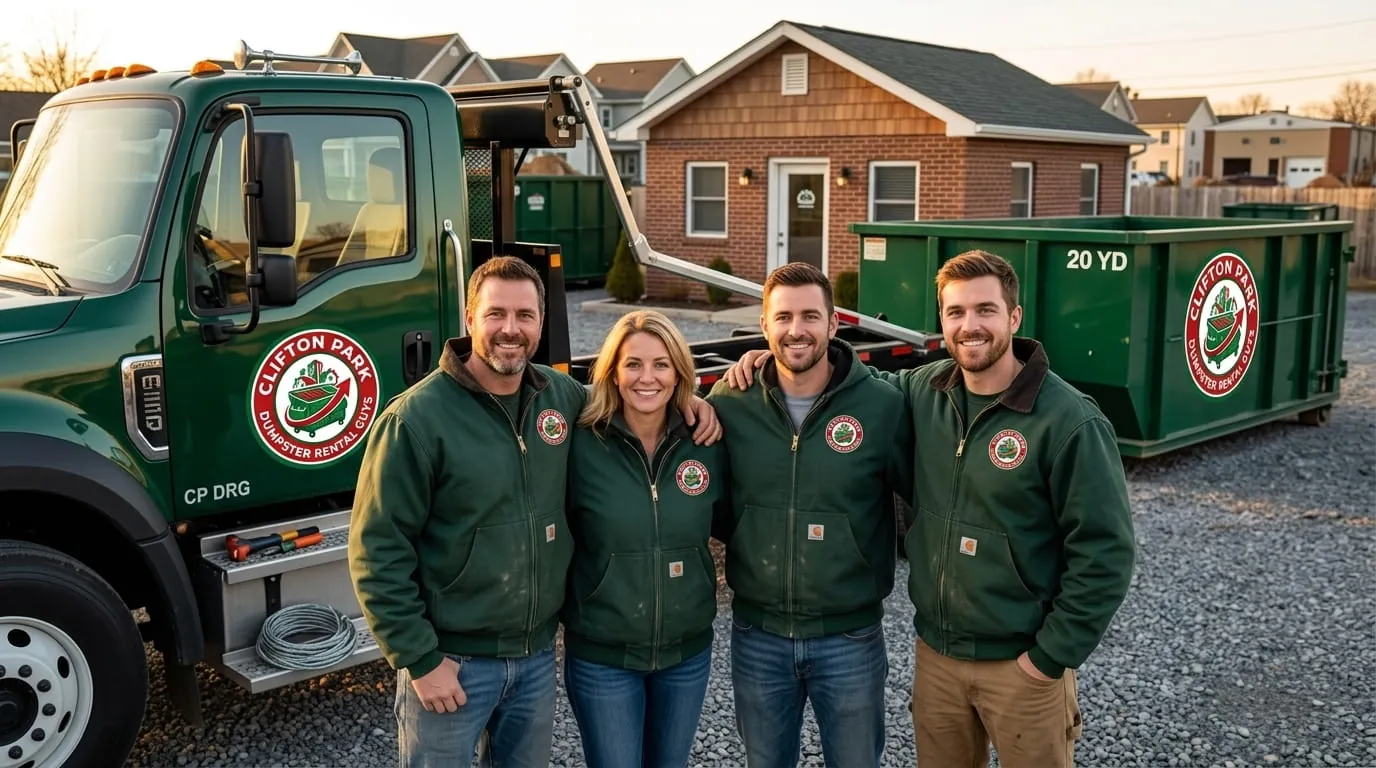 Same-day dumpster delivery in Clifton Park, NY Clifton Park Dumpster Rental Guys truck delivering a roll-off dumpster to a Clifton Park NY driveway