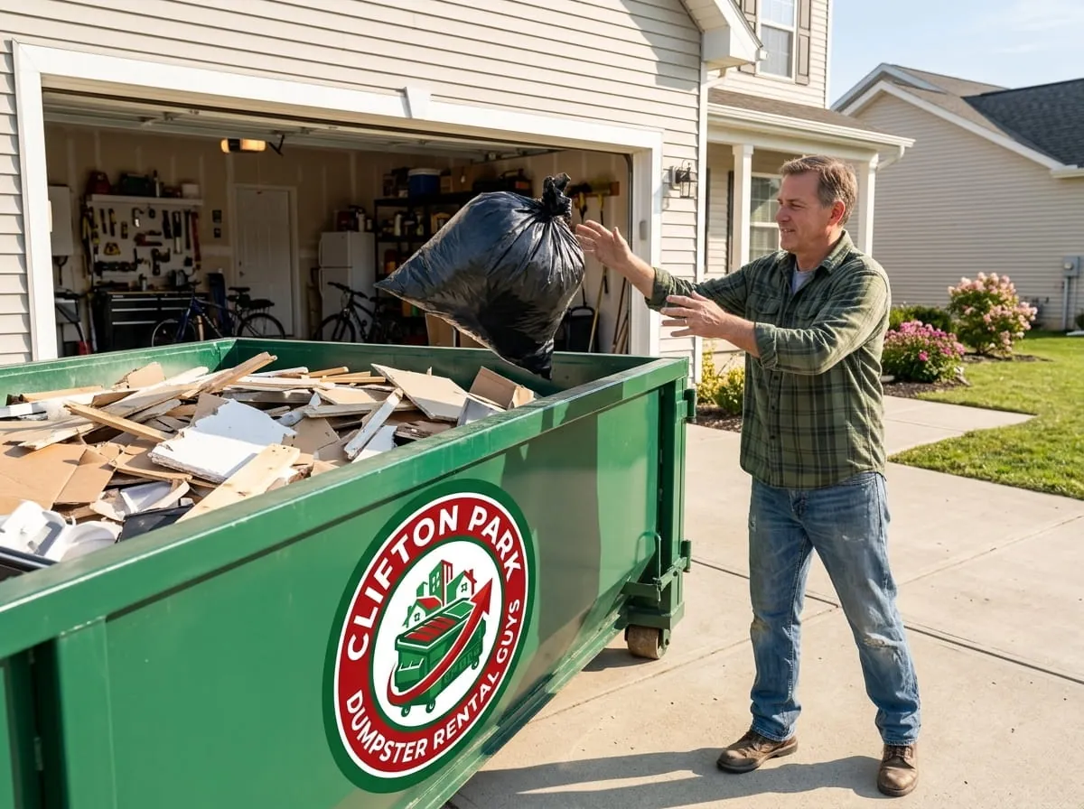 Dumpster rental in Halfmoon, NY Roll-off dumpster rental delivered to a Halfmoon, NY property by Clifton Park Dumpster Rental Guys